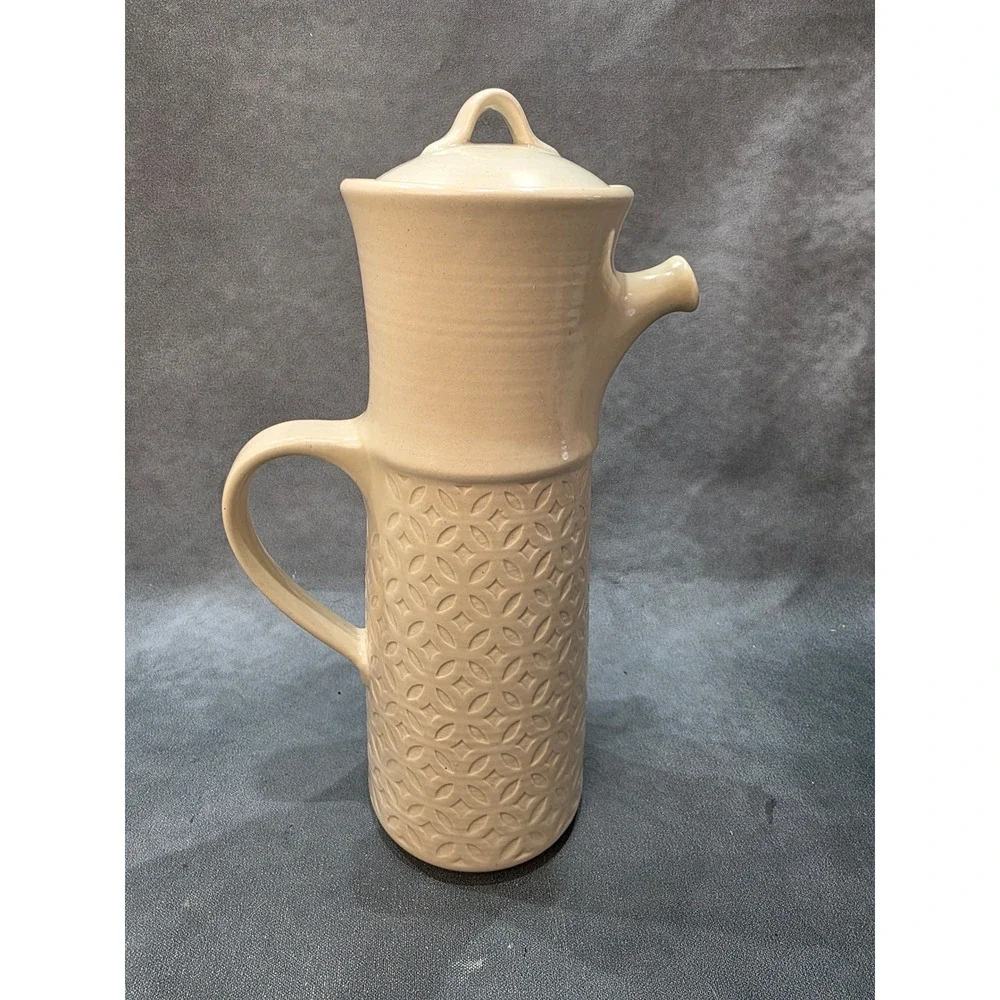 Handmade Studio Pottery Ceramic Pitcher with Lid Cream Geometric Embossed 13.5in